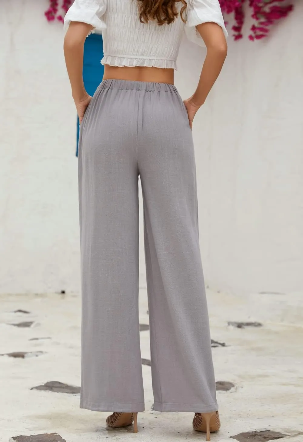 SVALIY Women Flowy Pants Cotton Linen Wide Leg Palazzo Pants Long Lounge Slacks High Waist Button Trousers Pocket