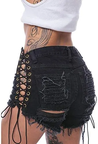 Swbreety Women's High Rise Ripped Hole Bandage Denim Shorts Lace Up Short Jeans