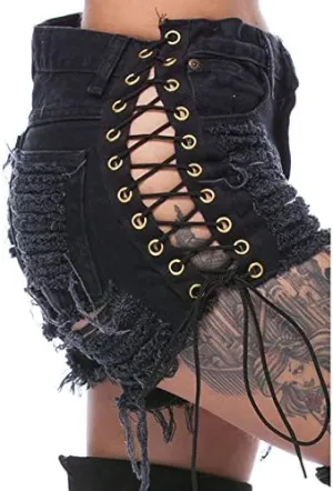 Swbreety Women's High Rise Ripped Hole Bandage Denim Shorts Lace Up Short Jeans