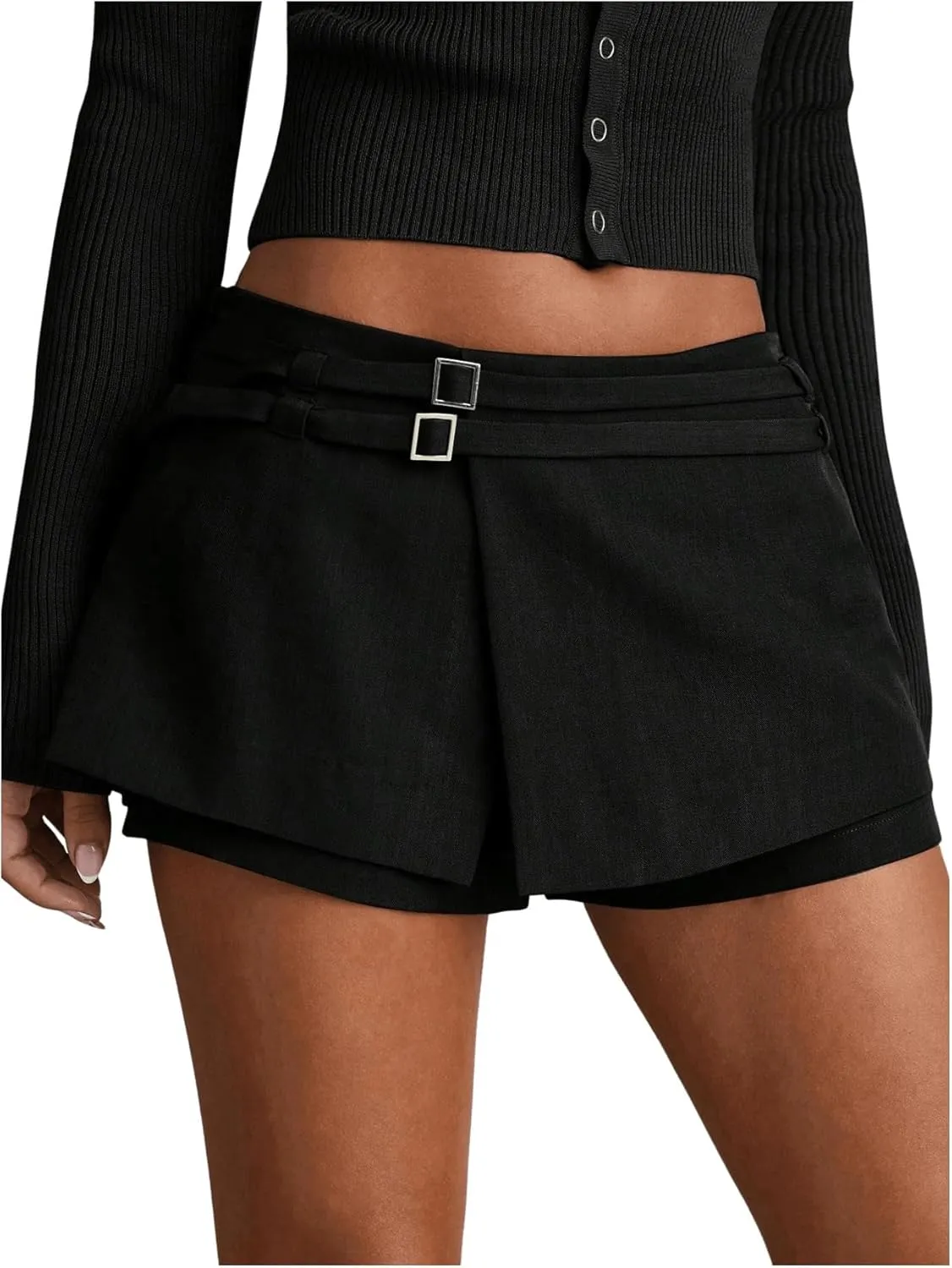 SweatyRocks Women's Buckle Low Waist Mini Skirts Business Casual Skort Skirts
