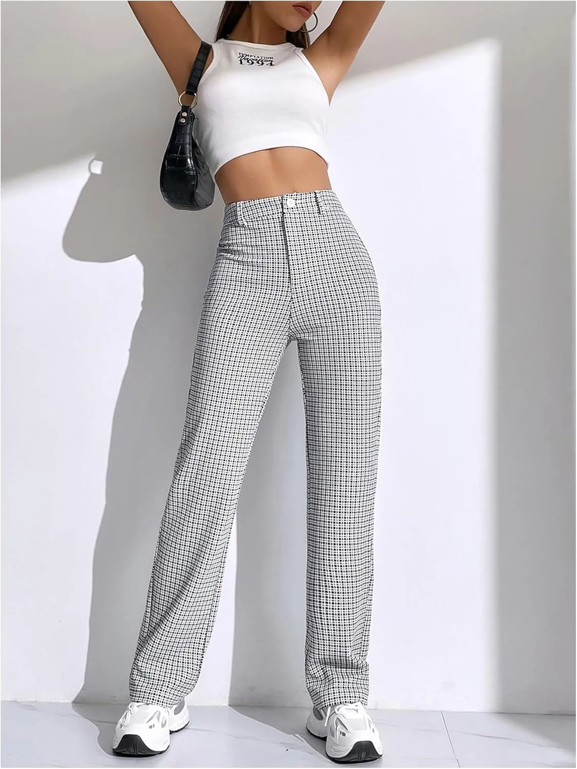 SweatyRocks Women's High Waist Plaid Dressy Casual Work Pants Straight Leg Stretchy Trousers