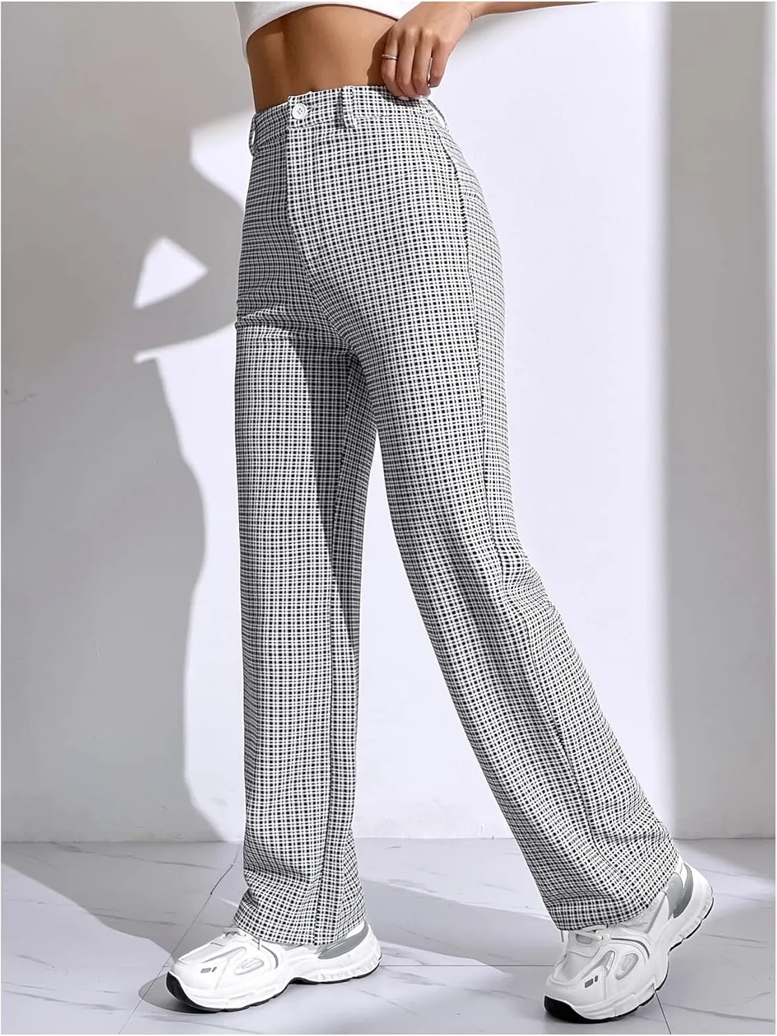 SweatyRocks Women's High Waist Plaid Dressy Casual Work Pants Straight Leg Stretchy Trousers