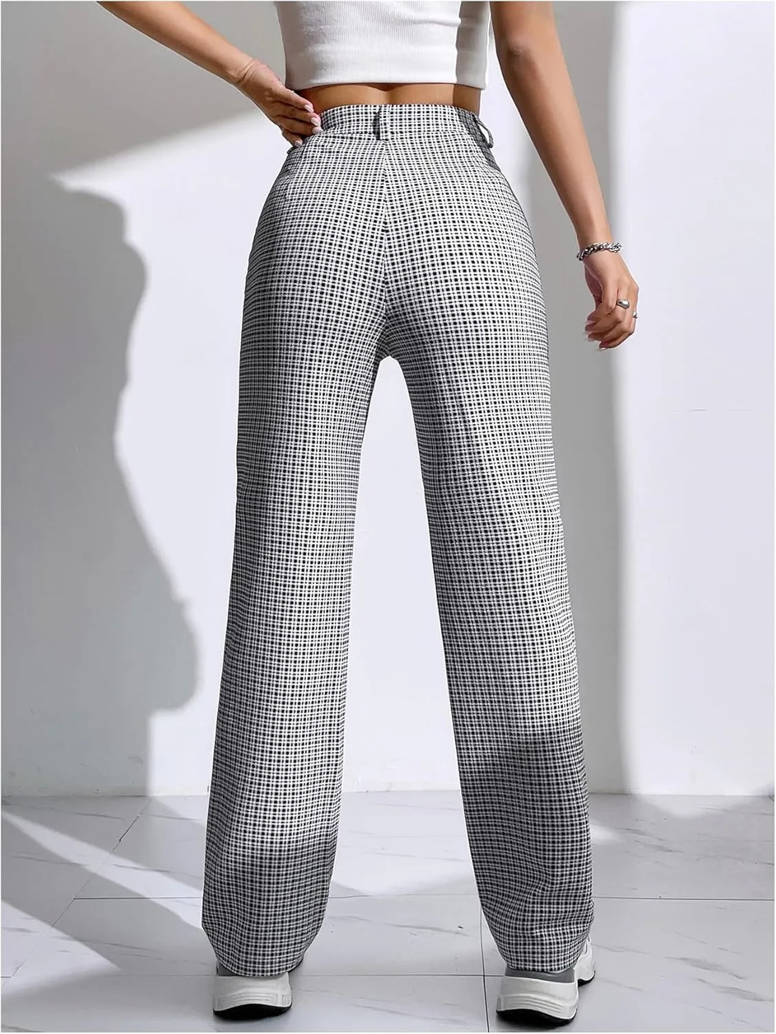 SweatyRocks Women's High Waist Plaid Dressy Casual Work Pants Straight Leg Stretchy Trousers