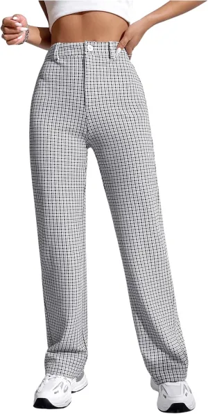 SweatyRocks Women's High Waist Plaid Dressy Casual Work Pants Straight Leg Stretchy Trousers