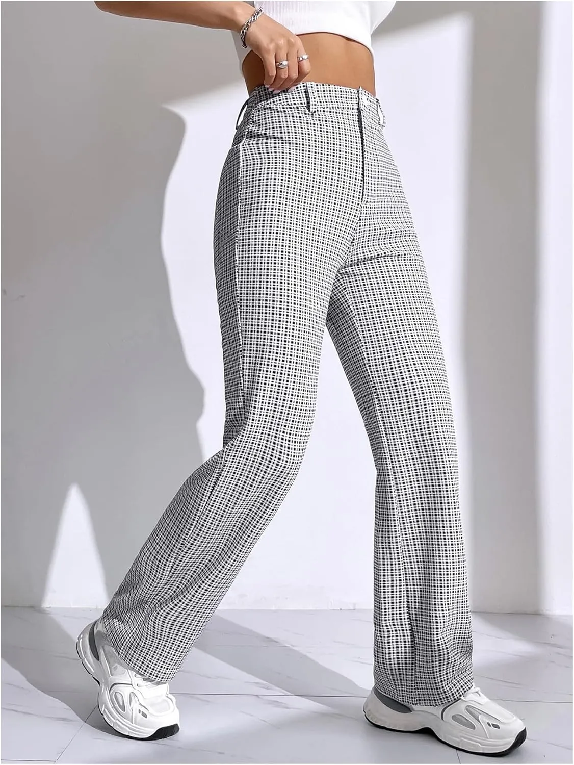 SweatyRocks Women's High Waist Plaid Dressy Casual Work Pants Straight Leg Stretchy Trousers