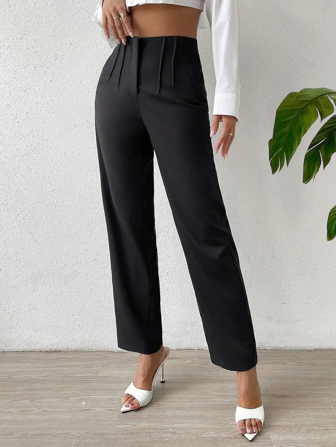 SweatyRocks Women's High Waist Pleated Straight Leg Pants Solid Zipper Long Work Trousers Pants