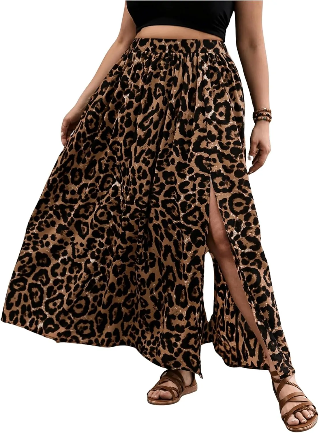 SweatyRocks Women's Plus Size Leopard Print Maxi Skirt Ruffle Split High Waisted Flowy Skirt