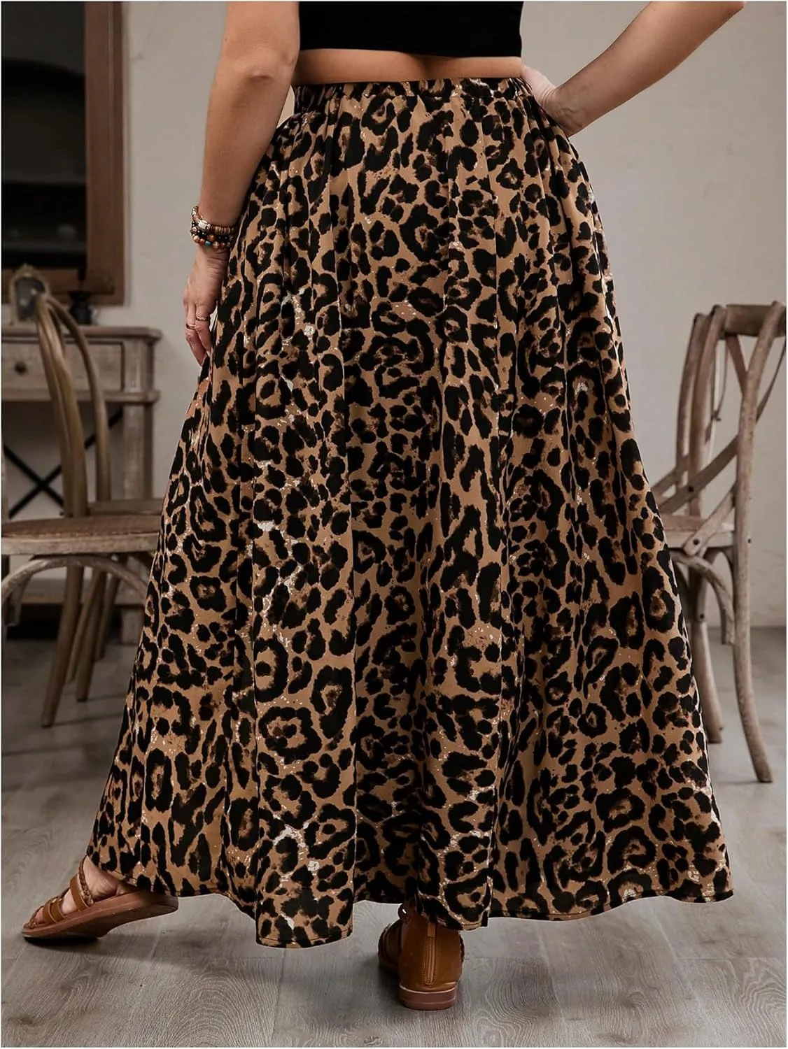 SweatyRocks Women's Plus Size Leopard Print Maxi Skirt Ruffle Split High Waisted Flowy Skirt