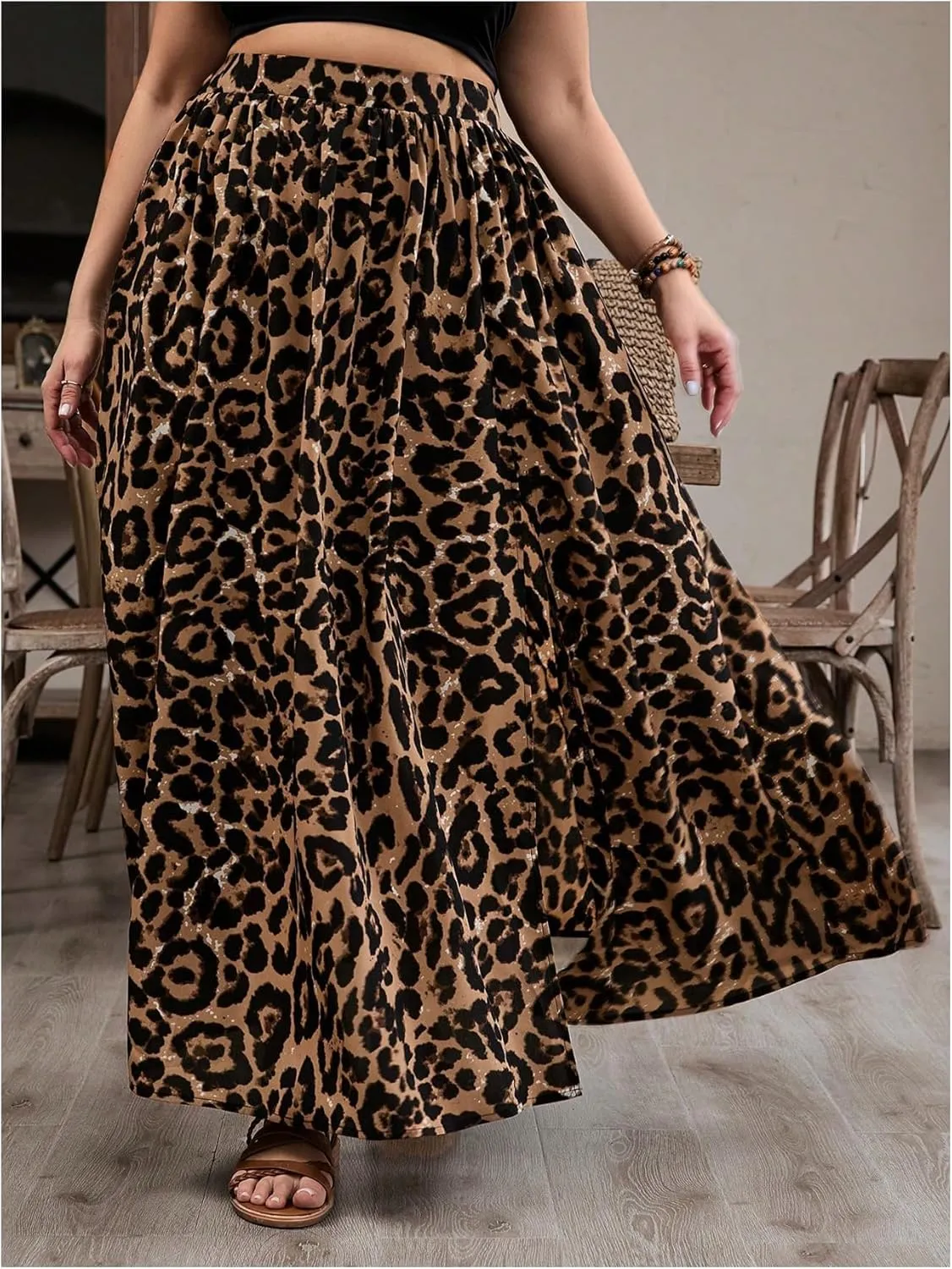 SweatyRocks Women's Plus Size Leopard Print Maxi Skirt Ruffle Split High Waisted Flowy Skirt