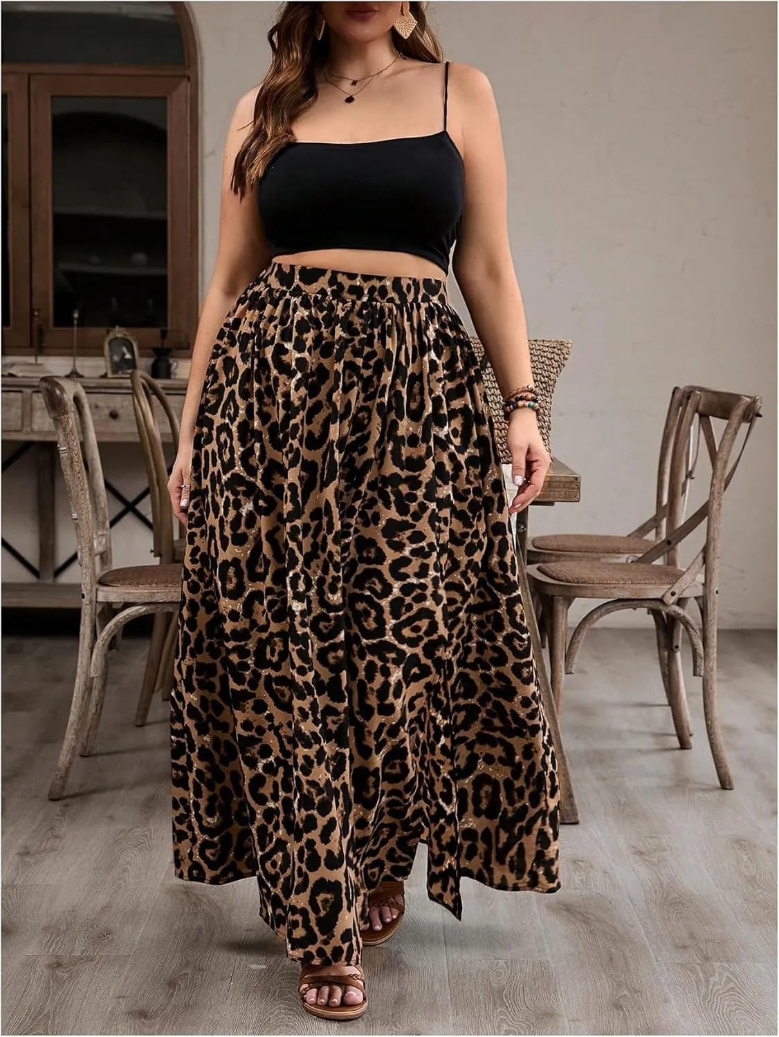 SweatyRocks Women's Plus Size Leopard Print Maxi Skirt Ruffle Split High Waisted Flowy Skirt