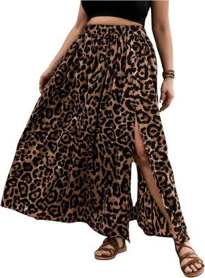 SweatyRocks Women's Plus Size Leopard Print Maxi Skirt Ruffle Split High Waisted Flowy Skirt