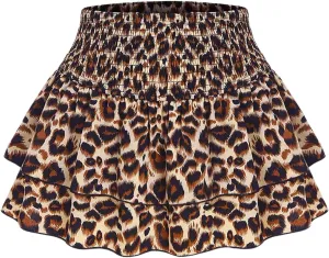 SweatyRocks Women's Y2K Cheetah Print Layered Ruffle Shirred High Waist Leopard Mini Short Skirts