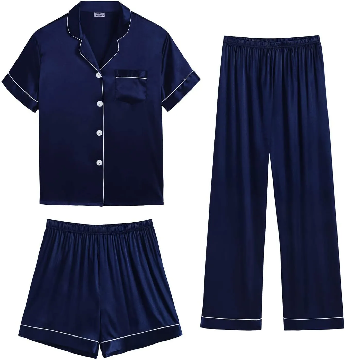 SWOMOG Mens 3pcs Pajamas Set Silk Satin Short Sleeve Sleepwear Button Down Pjs Classic Loungewear Nightwear