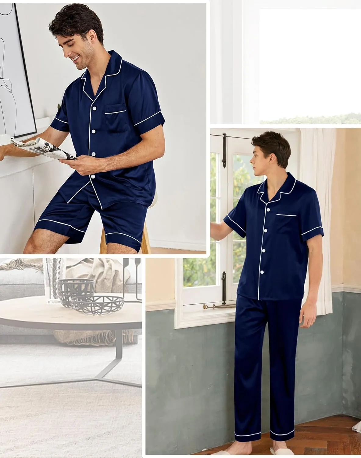 SWOMOG Mens 3pcs Pajamas Set Silk Satin Short Sleeve Sleepwear Button Down Pjs Classic Loungewear Nightwear