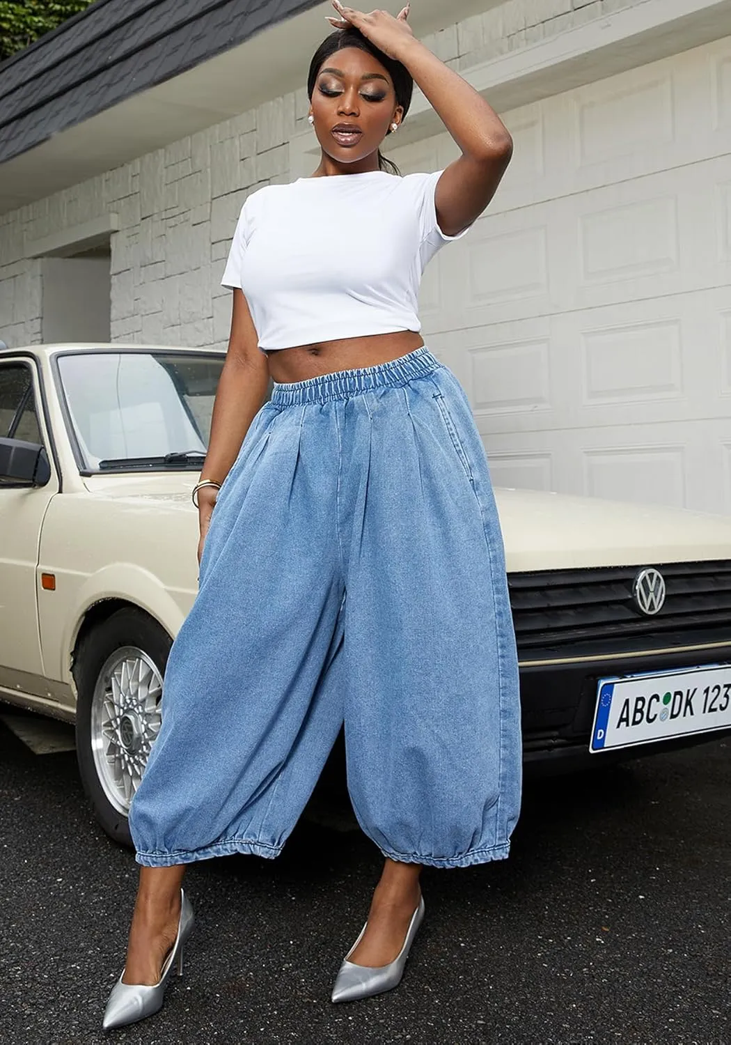 Tbahhir Women's Baggy Jeans Loose Cropped Elastic Waist Denim Pants Barrel Trousers with Pockets