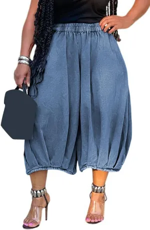 Tbahhir Women's Baggy Jeans Loose Cropped Elastic Waist Denim Pants Barrel Trousers with Pockets
