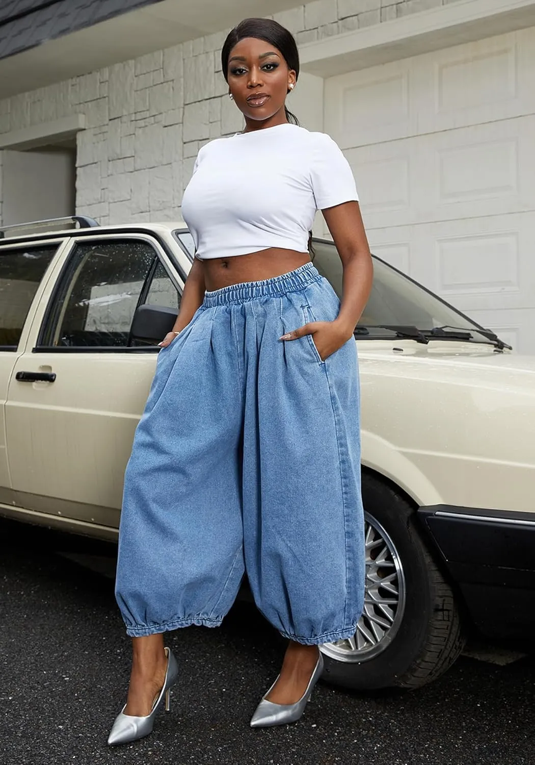 Tbahhir Women's Baggy Jeans Loose Cropped Elastic Waist Denim Pants Barrel Trousers with Pockets