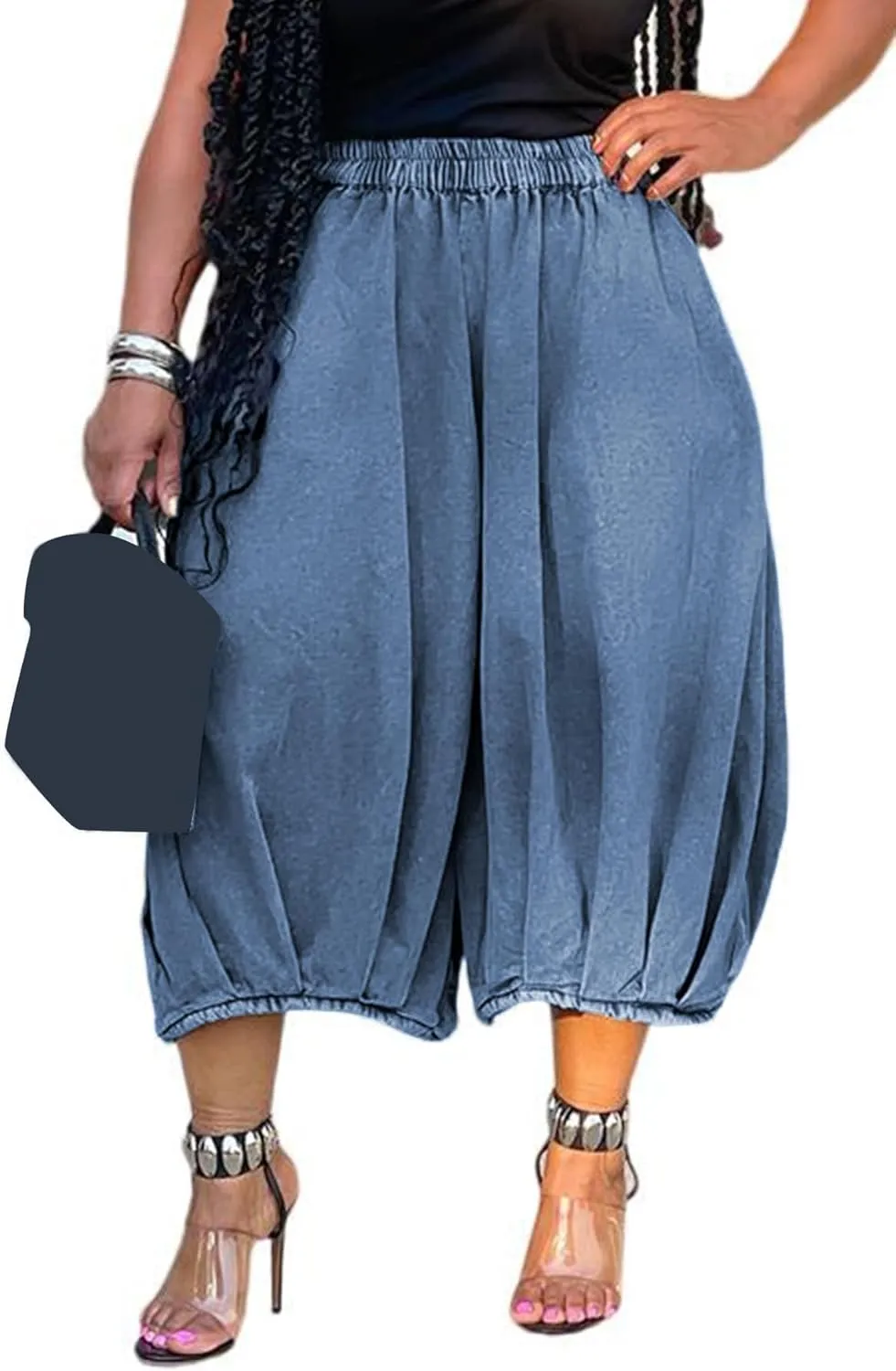 Tbahhir Women's Baggy Jeans Loose Cropped Elastic Waist Denim Pants Barrel Trousers with Pockets