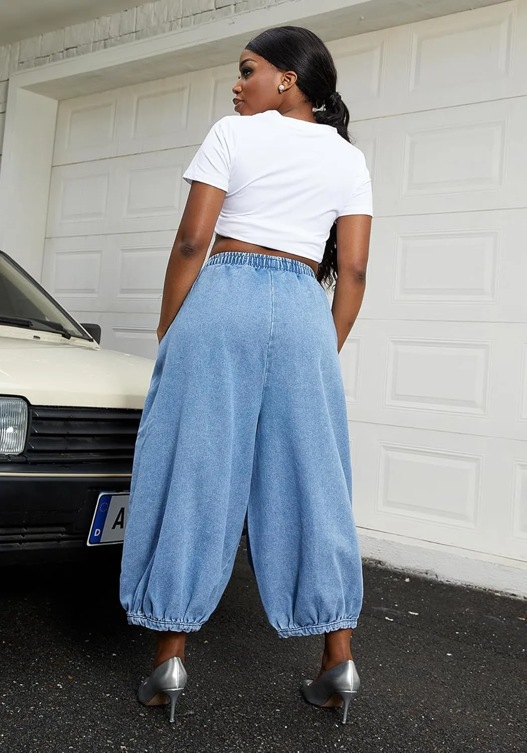 Tbahhir Women's Baggy Jeans Loose Cropped Elastic Waist Denim Pants Barrel Trousers with Pockets