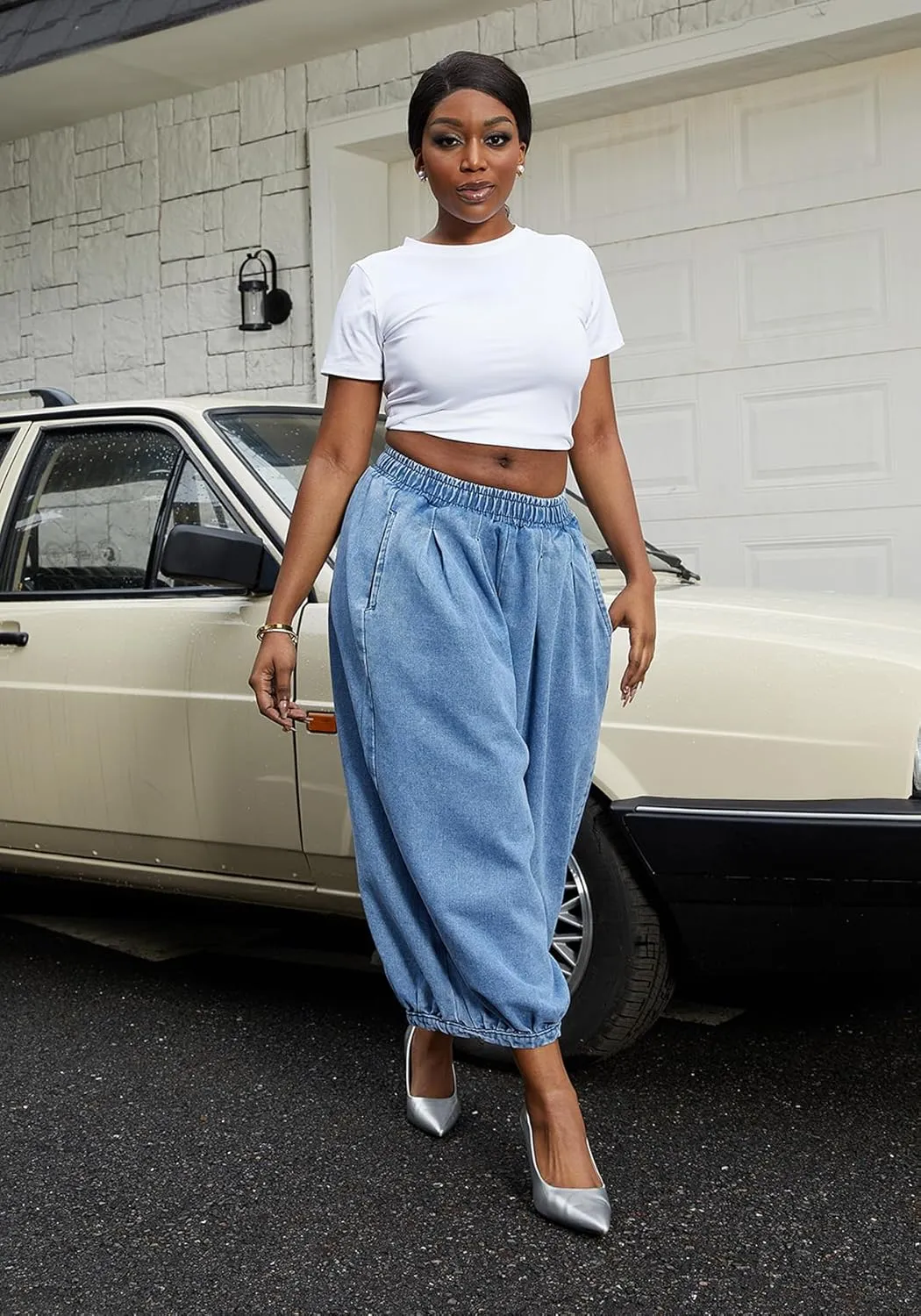 Tbahhir Women's Baggy Jeans Loose Cropped Elastic Waist Denim Pants Barrel Trousers with Pockets