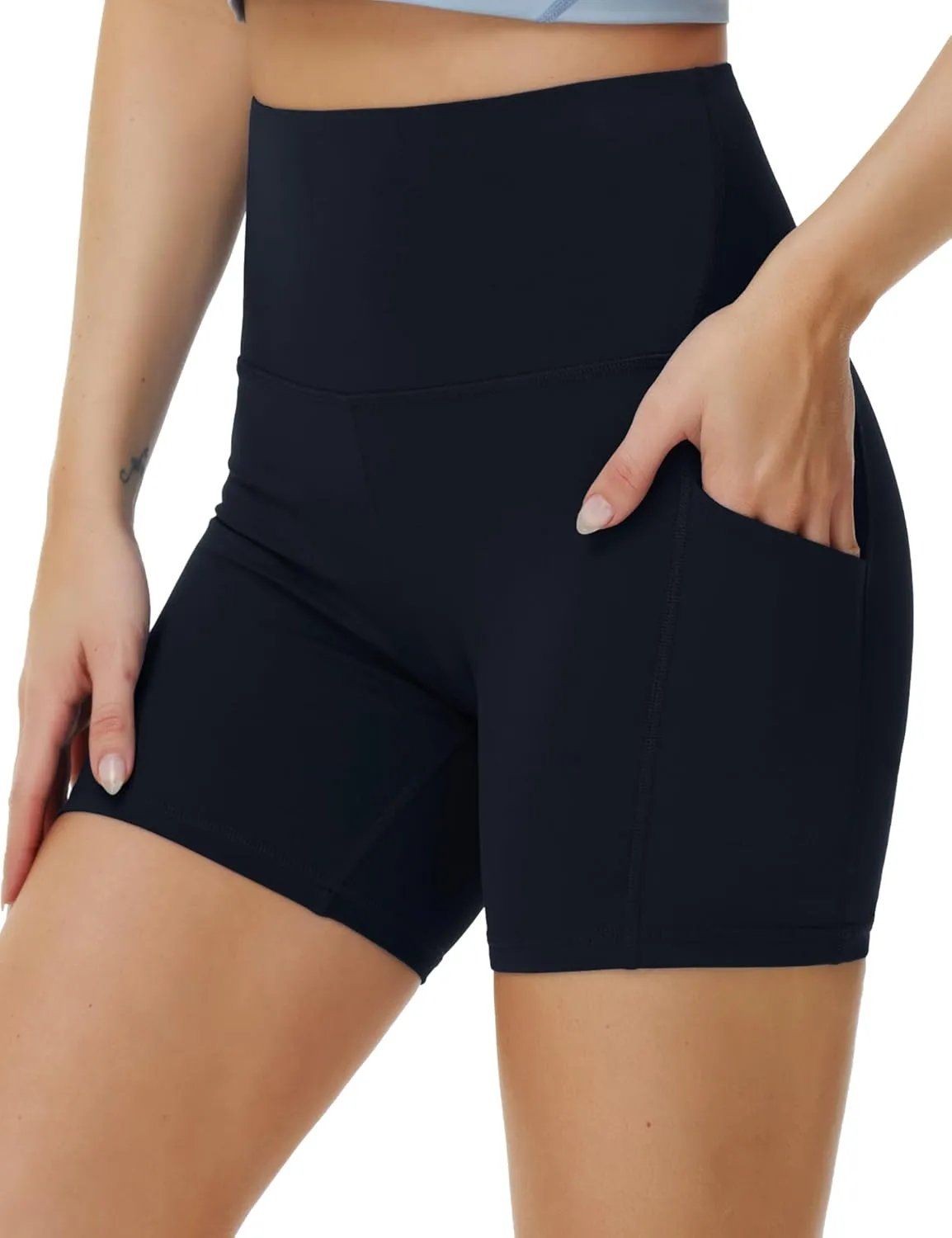 THE GYM PEOPLE Women's High Waist Yoga Shorts 5" Stretchy Tummy Control Biker Workout Running Short with Side Pockets