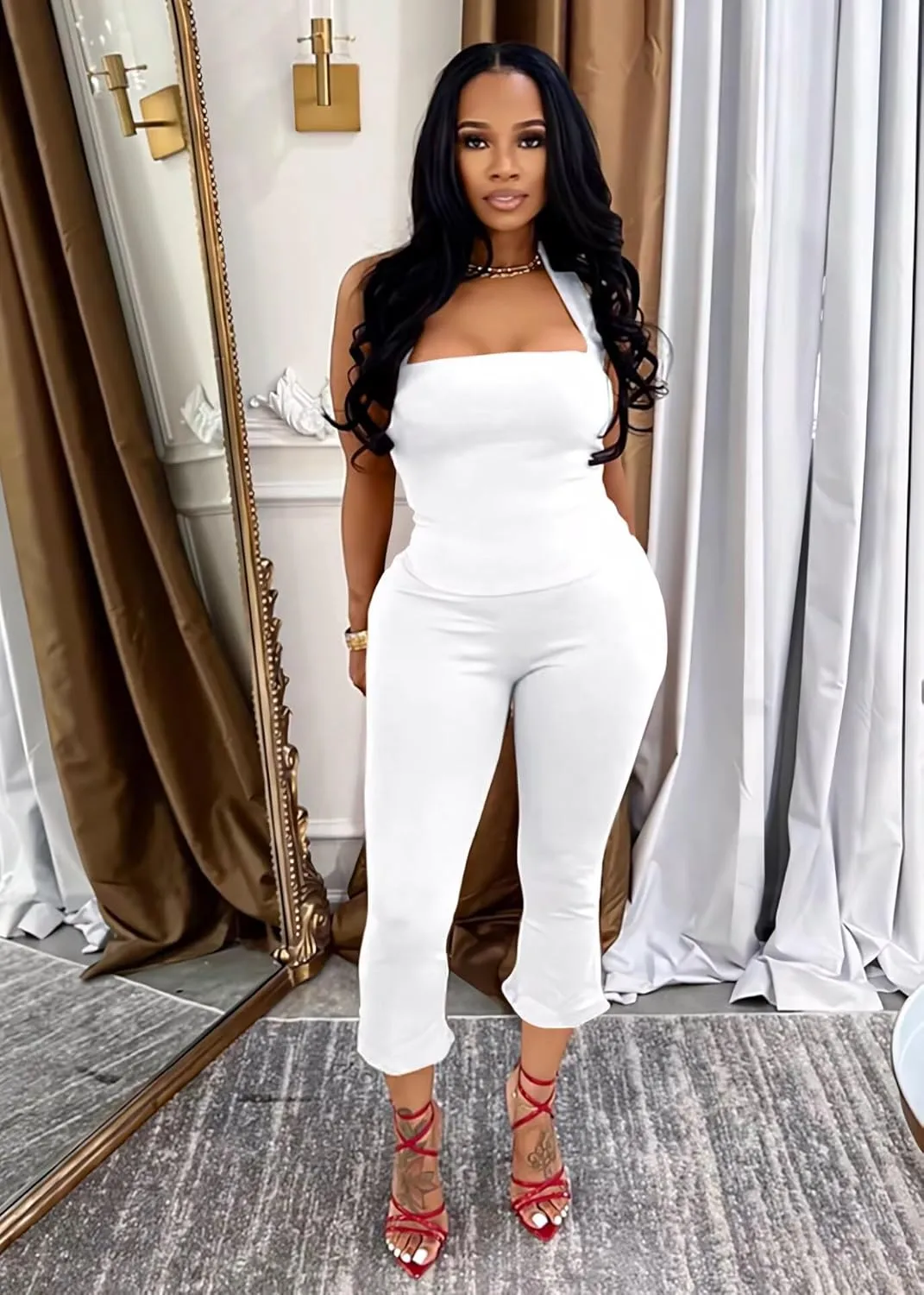 ThusFar Women 2 Piece Sets Halter Tops Flared Pants Outfits Sexy 2025 Summer Tracksuit Y2k Bodycon Jumpsuit Clubwear