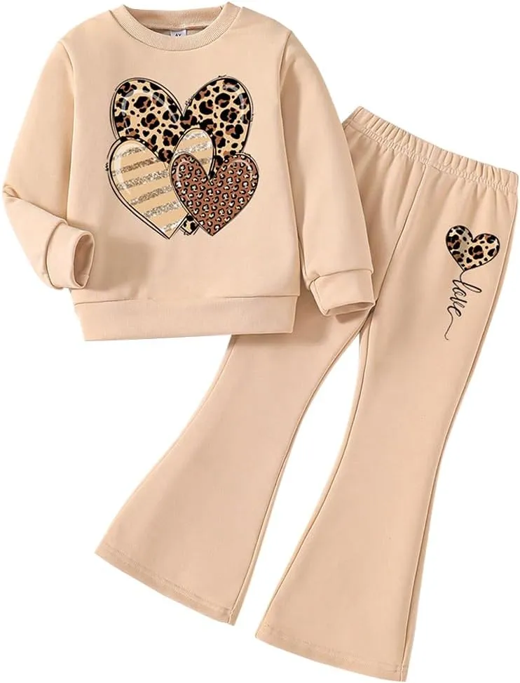 Toddler Girl Suit Heart Graphic Print Set - Sweatshirt & Flared Pants - 2 Piece Girls Pant Outfits (3-7 T)