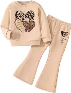 Toddler Girl Suit Heart Graphic Print Set - Sweatshirt & Flared Pants - 2 Piece Girls Pant Outfits (3-7 T)