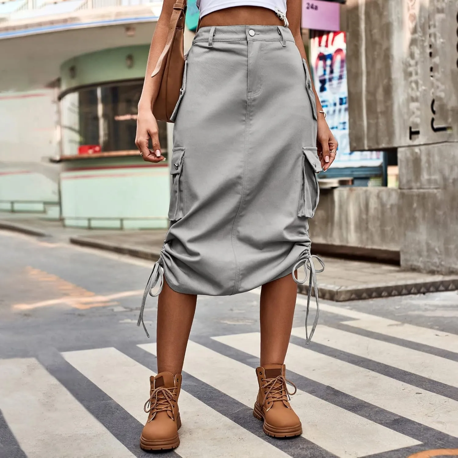 Trendy Denim Tie Work Dress Casual Mid Length Skirt Slip Skirt for Women Short