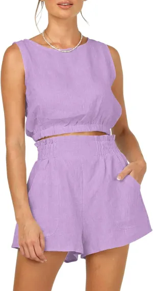 Trendy Queen Womens Summer 2 Piece Outfits Short Sets Matching Sleeveless Tank Top High Waisted Shorts with Pockets