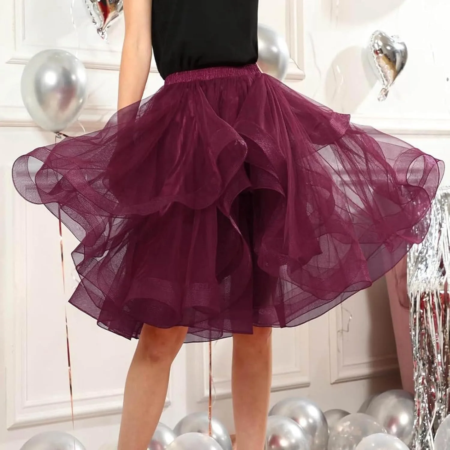 Tulle Skirts for Women A Line Elastic Layered Puffy Midi Skirt High Low Asymmetrical Midi Length Prom Mesh Tutu Skirt