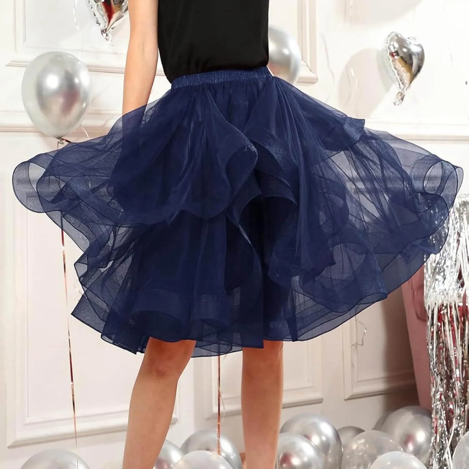 Tulle Skirts for Women A Line Elastic Layered Puffy Midi Skirt High Low Asymmetrical Midi Length Prom Mesh Tutu Skirt