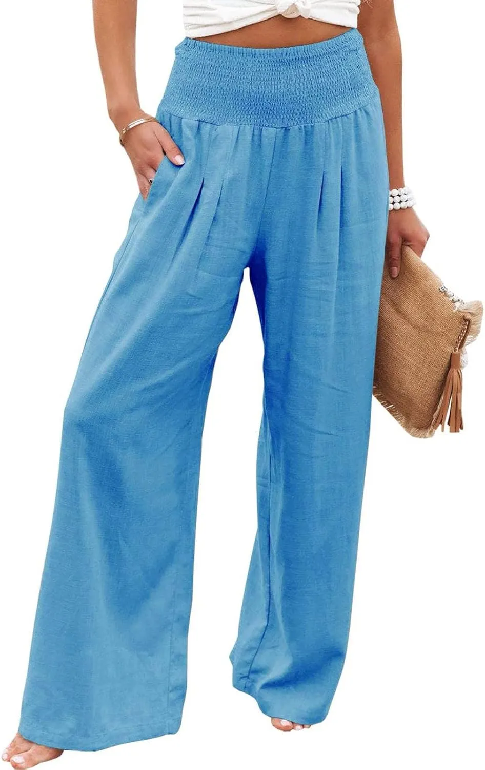 Tummy Control Women High Waisted Lounge Pants Casual Wide Leg Boho Trouser Summer Drawstring Sweatpants with Pocket