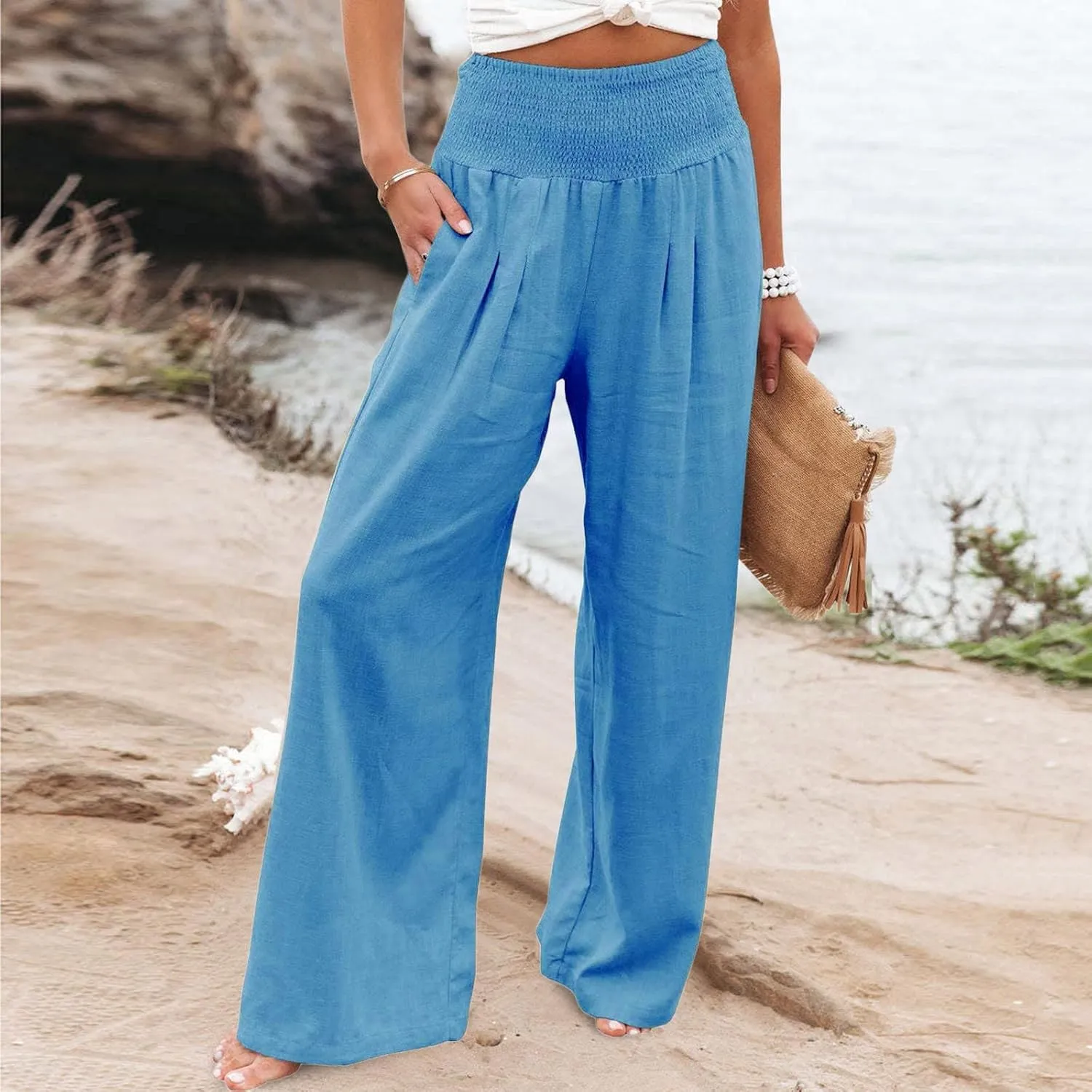 Tummy Control Women High Waisted Lounge Pants Casual Wide Leg Boho Trouser Summer Drawstring Sweatpants with Pocket