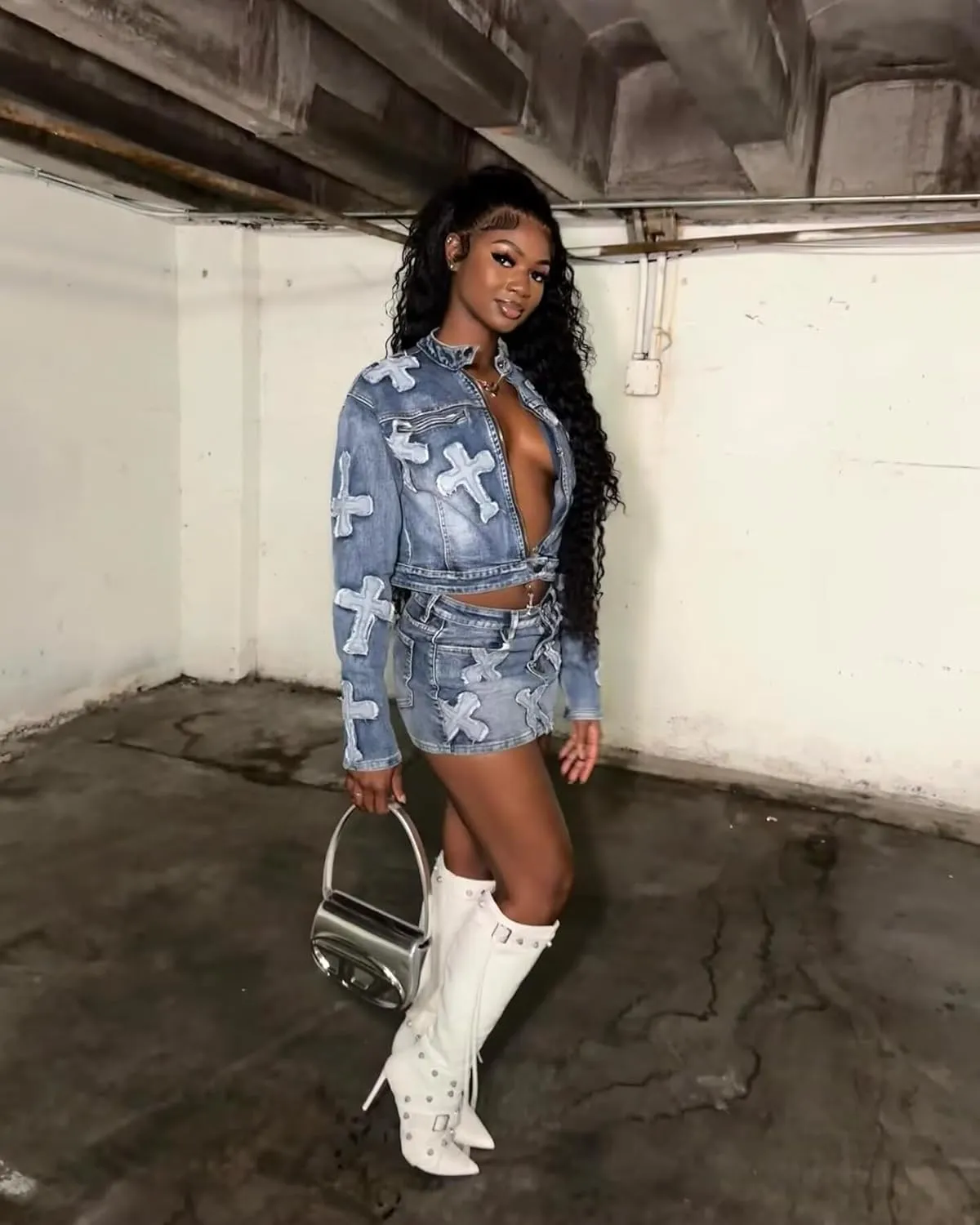 Uni Clau 2 Piece Denim Skirt Set for Women Y2K Long Sleeve Zipper Jean Jacket Top Mini Skirt Bodycon Set Two Piece Outfits