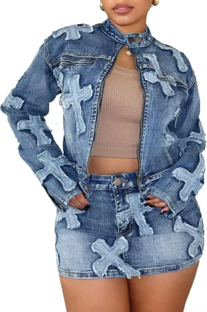 Uni Clau 2 Piece Denim Skirt Set for Women Y2K Long Sleeve Zipper Jean Jacket Top Mini Skirt Bodycon Set Two Piece Outfits