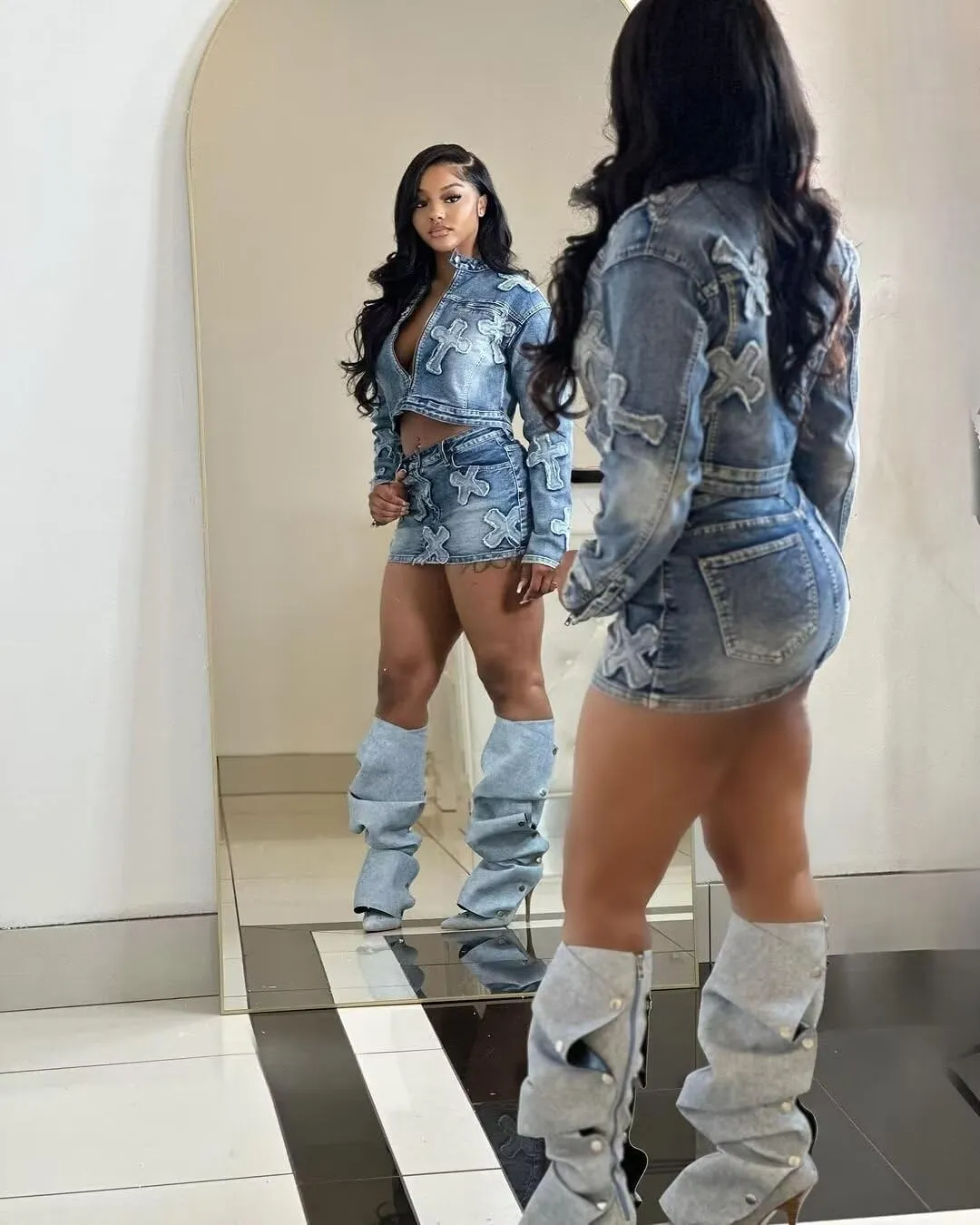 Uni Clau 2 Piece Denim Skirt Set for Women Y2K Long Sleeve Zipper Jean Jacket Top Mini Skirt Bodycon Set Two Piece Outfits