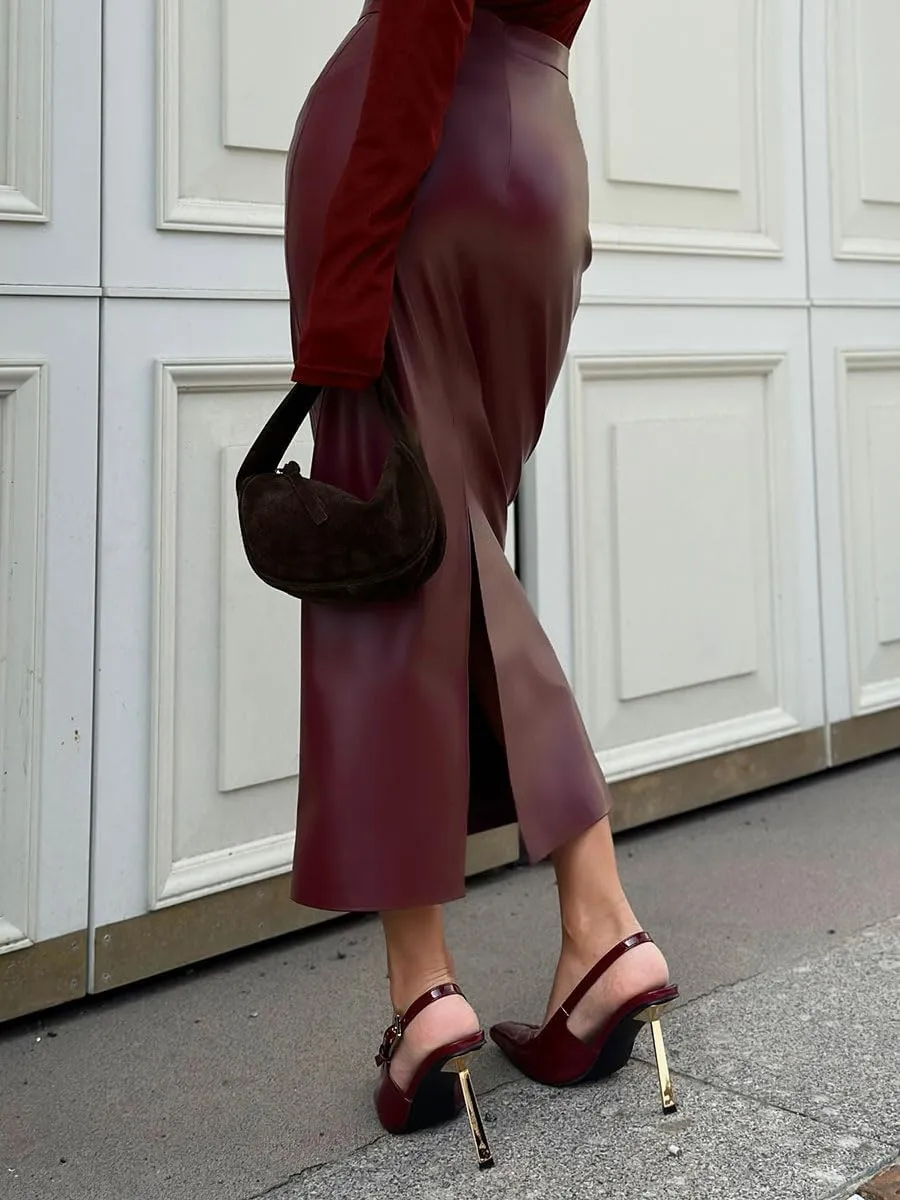 utcoco Womens High Waist Faux Leather Skirt Bodycon Pencil Slit Maxi PU Skirt