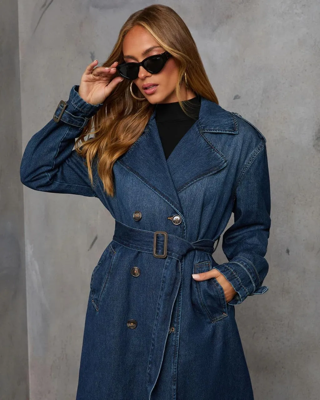 utcoco Women's Notch Lapel Double Breasted Denim Trench Coat Long Midi Jean Jacket with Belt