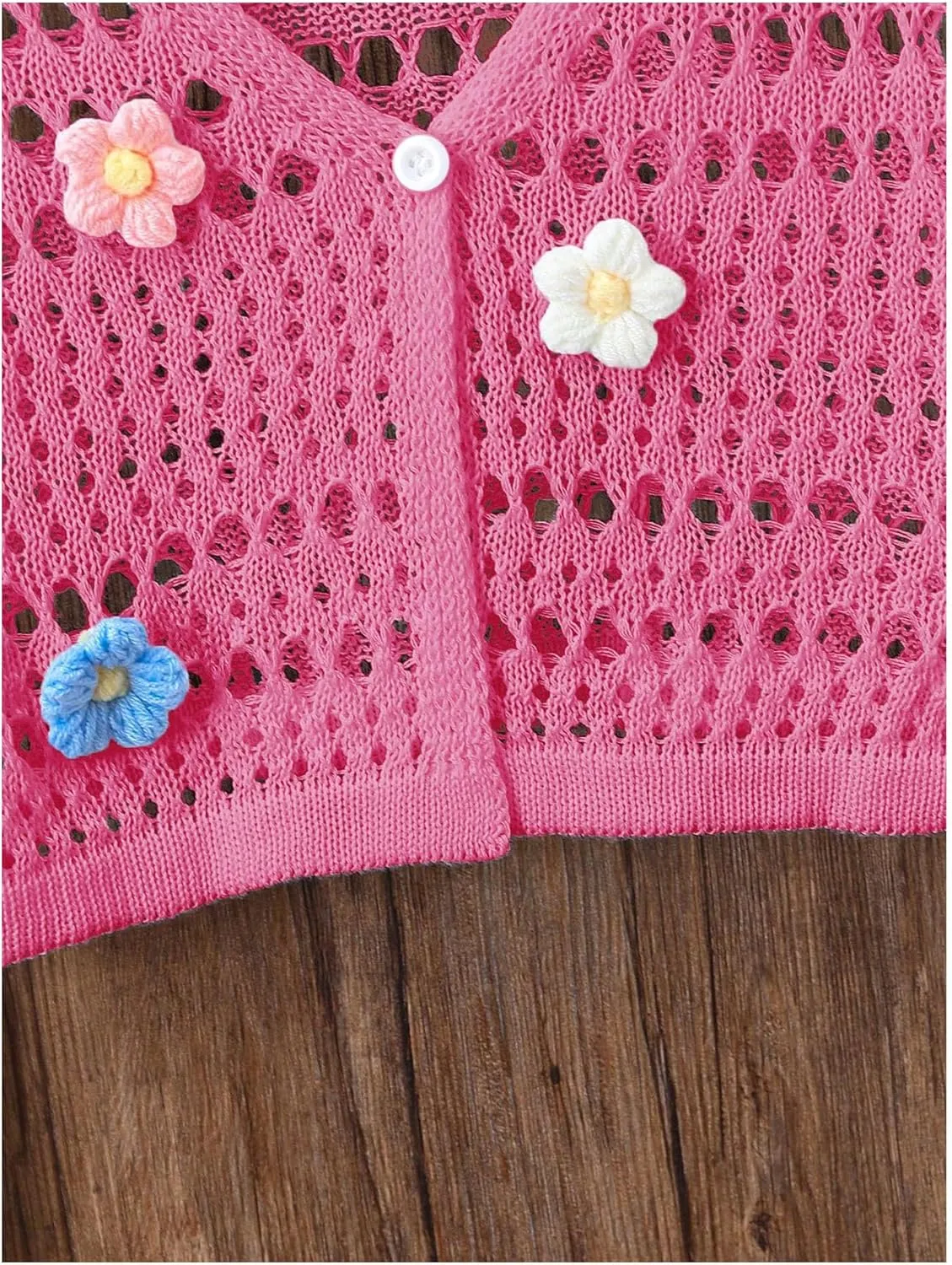Verdusa Girl's 3D Floral Applique Long Sleeve Hollow Out Knitted Button Up Cardigan