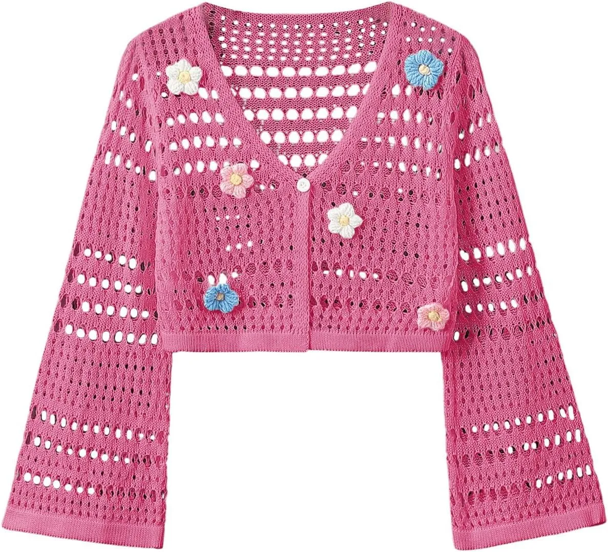 Verdusa Girl's 3D Floral Applique Long Sleeve Hollow Out Knitted Button Up Cardigan