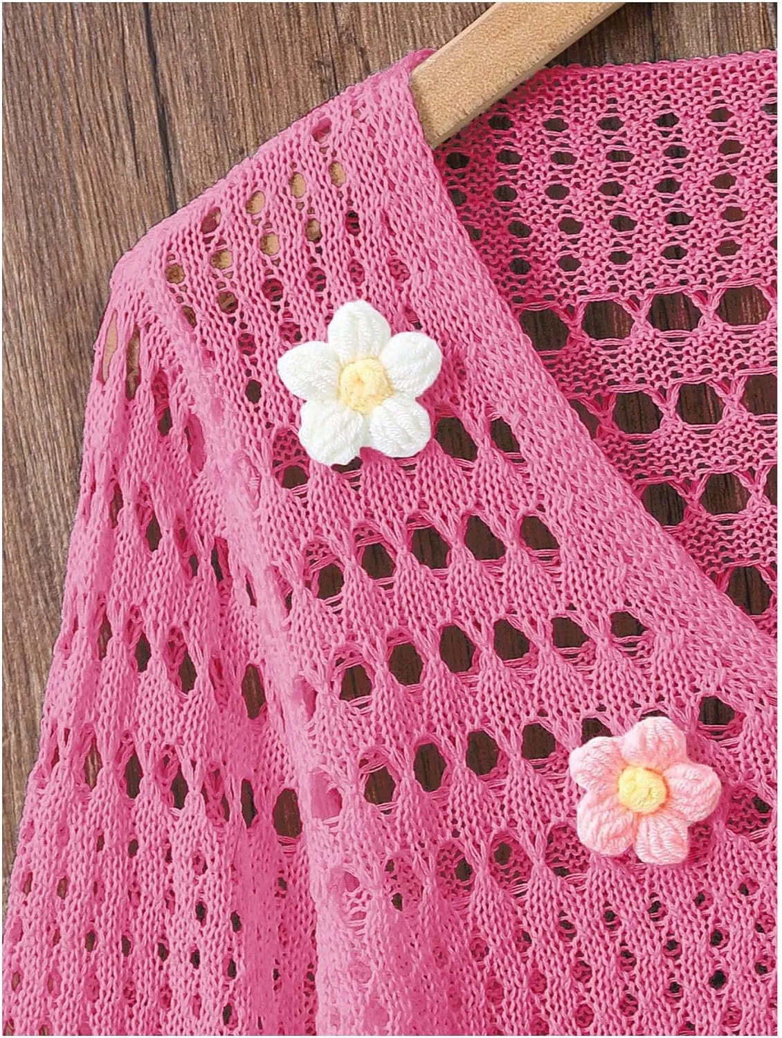 Verdusa Girl's 3D Floral Applique Long Sleeve Hollow Out Knitted Button Up Cardigan
