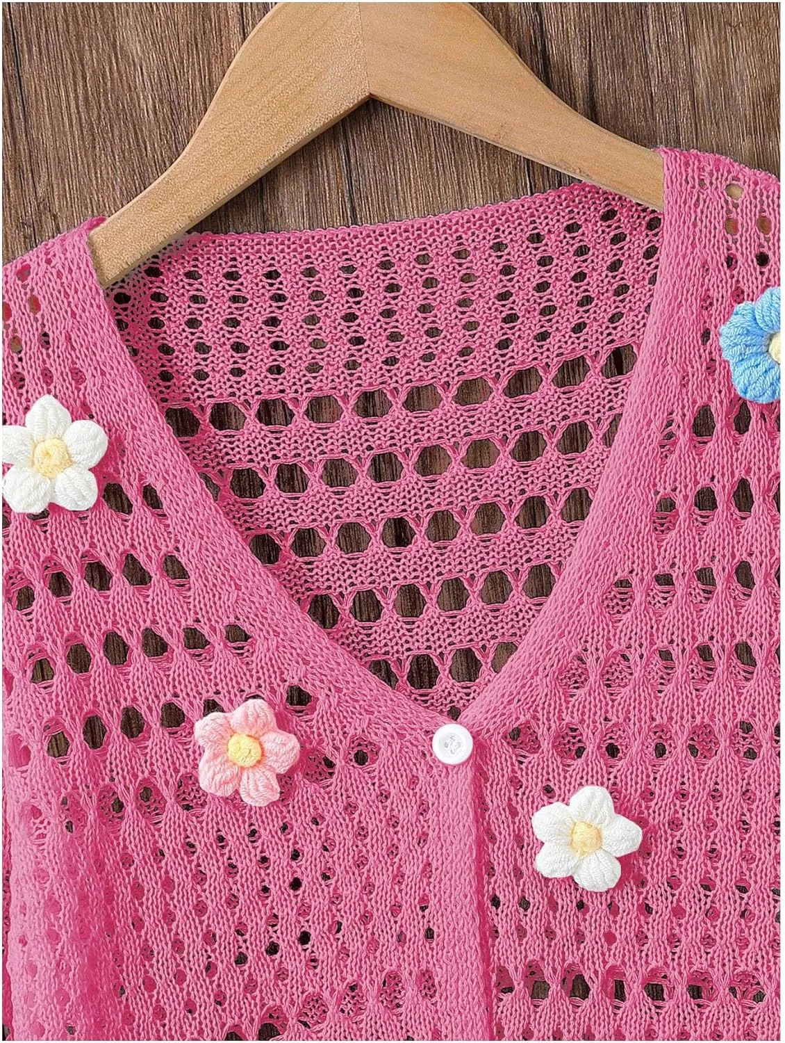 Verdusa Girl's 3D Floral Applique Long Sleeve Hollow Out Knitted Button Up Cardigan
