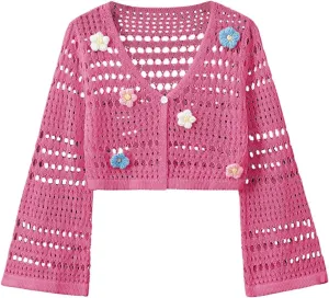Verdusa Girl's 3D Floral Applique Long Sleeve Hollow Out Knitted Button Up Cardigan