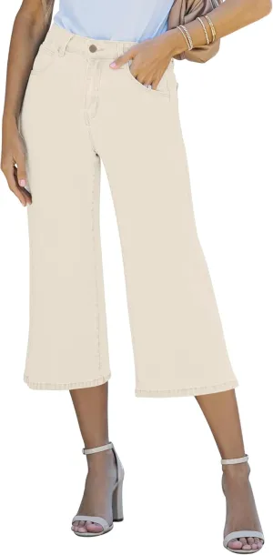 Vetinee Wide Leg Capri Jeans for Women High Waisted Stretch Cropped Baggy Denim Capris Dressy Pants