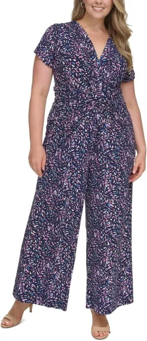 Vince Camuto Plus Size Printed Twist-Front Jumpsuit (Navy Multi, 2X)