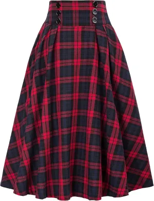 Vintage Wool Plaid Skirts for Women High Waisted Elastic Fall Winter A Line Flared Maxi Skirt