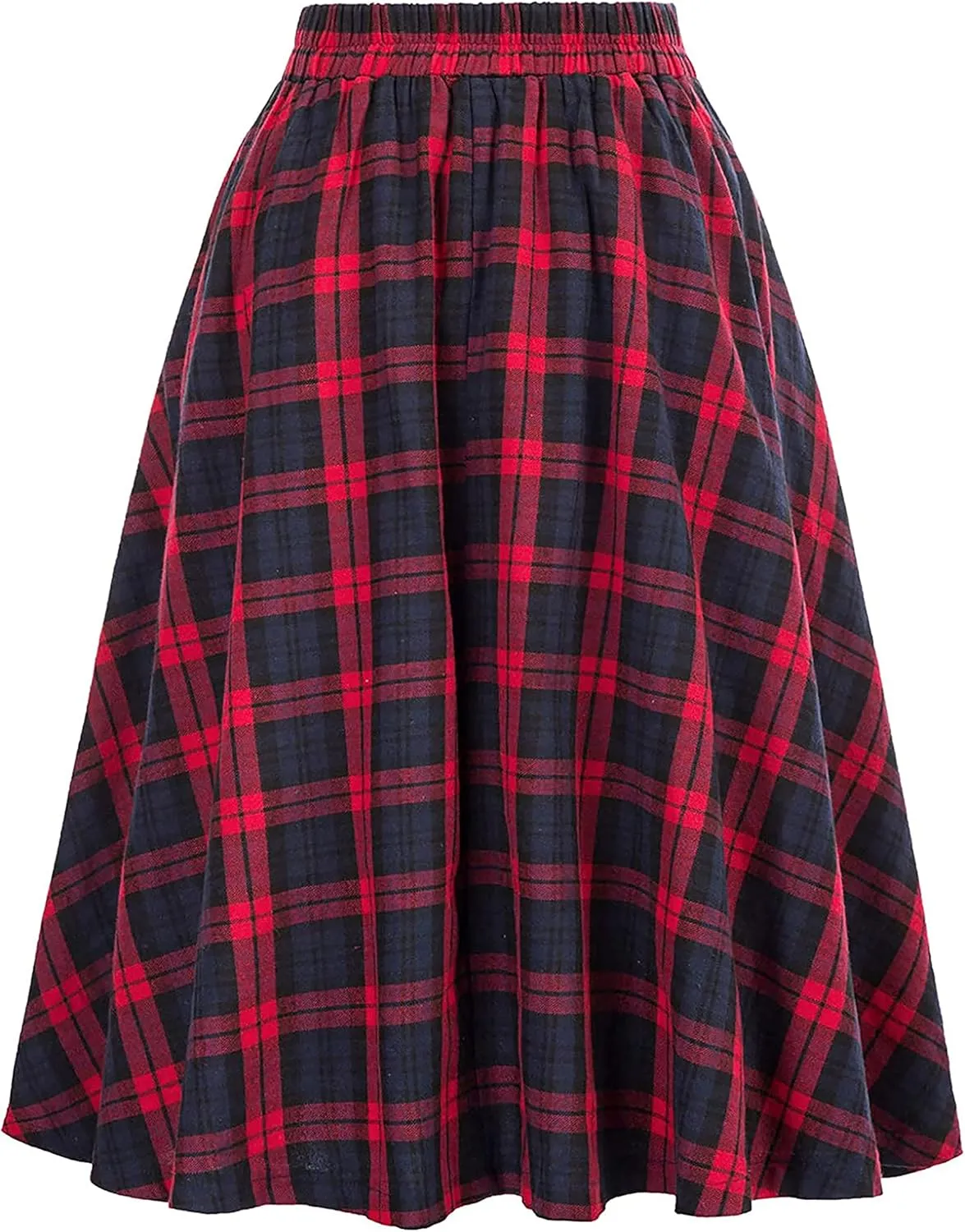 Vintage Wool Plaid Skirts for Women High Waisted Elastic Fall Winter A Line Flared Maxi Skirt