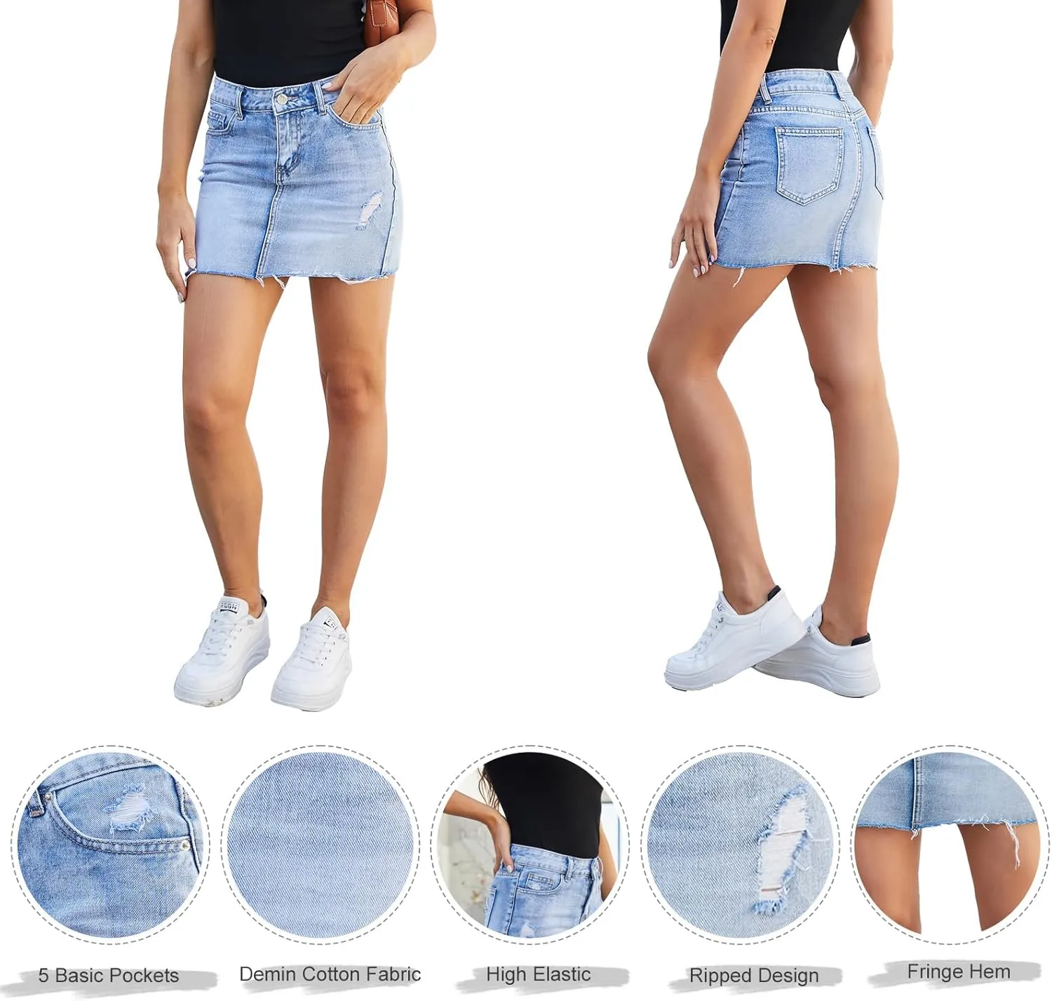 VIPONES Women Denim Skirt High Waist Raw Hem Stretch Ripped Casual Mini Jean Skirts
