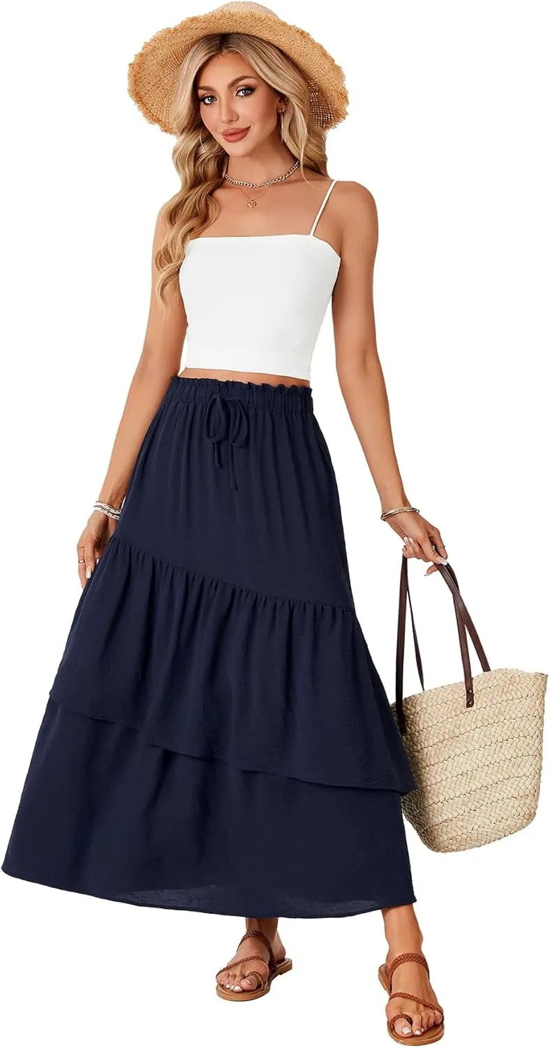 Vrtige Women's Summer Elastic High Waist A Line Flowy Asymmetrical Ruffle Maxi Long Skirts
